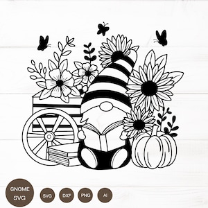 Gnome svg cartoon with floral Svg, sunflower gnome clipart jpg png SVG for cut file, and drawn style for cricut cameo