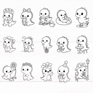 May include: A collection of black and white cartoon dinosaur illustrations. Each dinosaur is depicted in various activities, such as holding a teddy bear, wearing a hat, or riding skis. The dinosaurs have large eyes and are smiling.