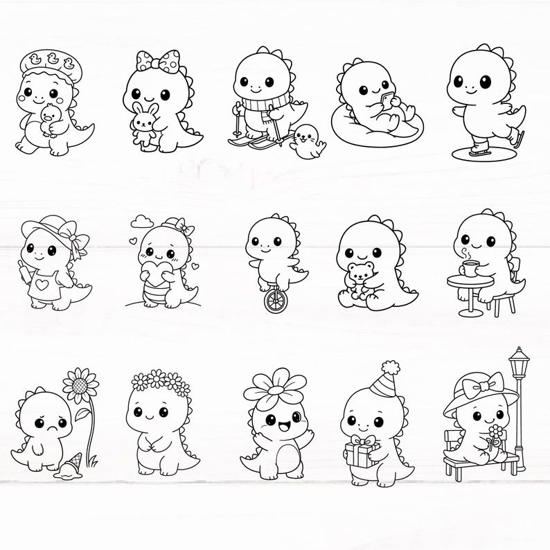May include: A collection of black and white cartoon dinosaur illustrations. Each dinosaur is depicted in various activities, such as holding a teddy bear, wearing a hat, or riding skis. The dinosaurs have large eyes and are smiling.