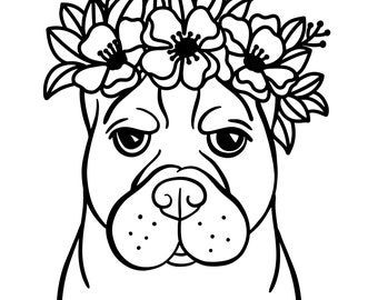 May include: Black and white line drawing of a bulldog wearing a flower crown. The bulldog has a serious expression and is looking directly at the viewer.