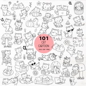 Paquete de 101 dibujos animados de gatos lindos, animales kawaii con flores, hojas, archivos SVG para cortar, animales dibujados a mano, dxf, png, eps, para cricut Silhouette, Cameo