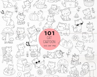 101 Cute Cat Cartoon  Bundle Animals Kawaii With flower,leaves,SVG For Cut file, animal hand drawn,dxf,png,eps, for cricut Silhouette,Cameo