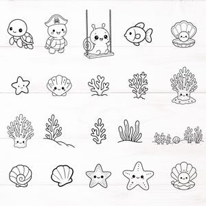 May include: Black and white line art illustrations of various sea creatures and elements. The image includes a turtle, a turtle pirate, a snail on a swing, a fish, seashells, starfish, and coral.