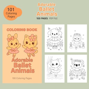 101 páginas para colorear para niños: animales, ballet, baile, dibujos kawaii, conejos, gatos y ciervos. Arte lineal en blanco y negro. Descarga digital en PDF/A4.