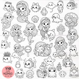110 Bundle Kawaii Mermaid SVG for Cut File | Mermaid Outline Clipart Sticker PNG, Mermaid, Fish, Turtle, Crab, Shell for Cricut Silhouette