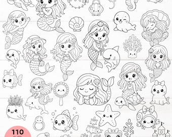 110 Bundle Kawaii Meerjungfrau SVG für Cut-Datei | Meerjungfrau Umriss Clipart Aufkleber PNG, Meerjungfrau, Fisch, Schildkröte, Krabbe, Muschel für Cricut Silhouette