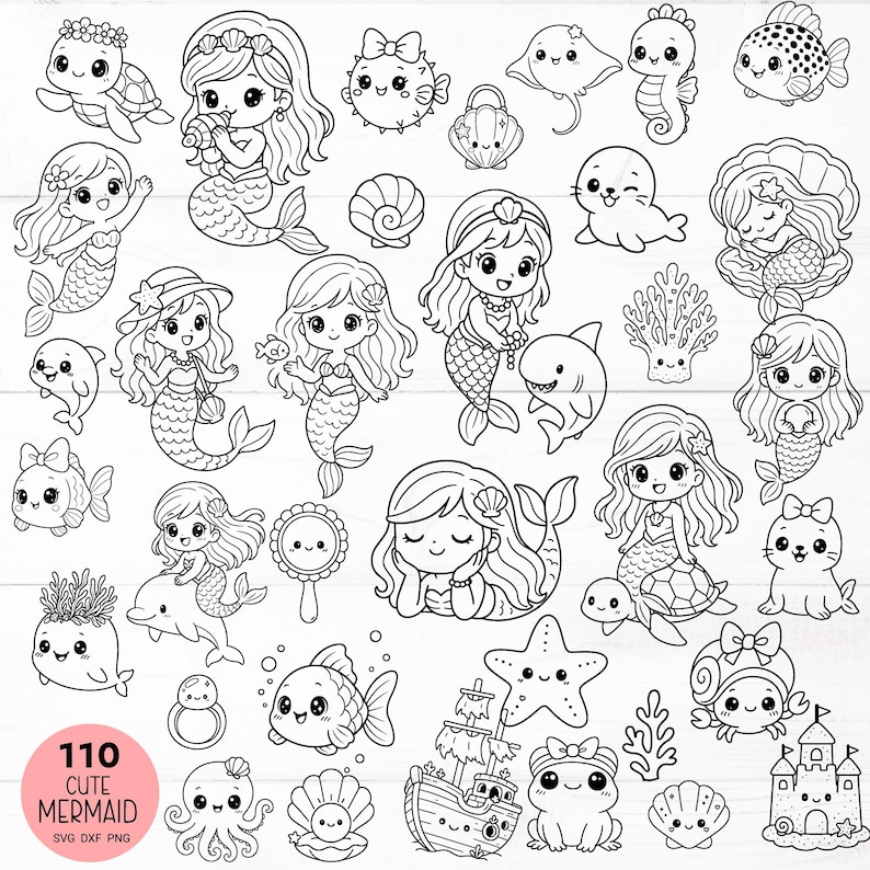 May include: Black and white digital illustration featuring numerous cute mermaids and sea creatures. The image includes mermaids, fish, a turtle, a starfish, a seahorse, a seal, and a small ship. The text "110 Cute Mermaid" is in a pink circle.