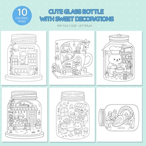 May include: A black and white coloring book page featuring six illustrations of glass bottles with sweet decorations. The text "CUTE GLASS BOTTLE WITH SWEET DECORATIONS" is at the top. Each bottle contains a different scene, such as a bakery or a coffee shop.