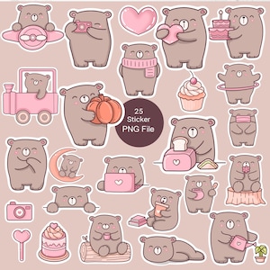 25 Cute bear cartoon animal white border sticker, stickers without white border png clipart bundle  Kawaii planner, sticker