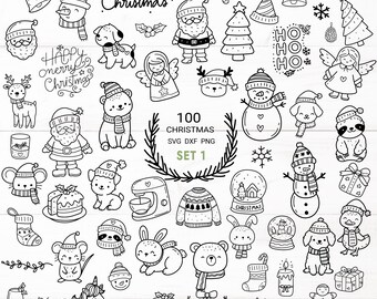 May include: A set of 100 black and white Christmas clip art illustrations. The illustrations include a variety of festive elements, such as Santa Claus, reindeer, snowmen, presents, and Christmas trees. The text "100 Christmas SVG DXF PNG Set 1" is included in the image.