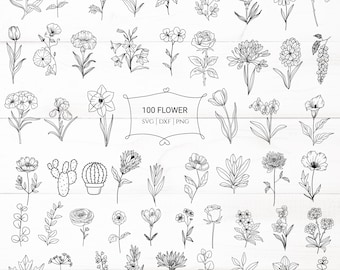 Paquete de 100 archivos de corte de flores silvestres, hojas botánicas, hojas, clipart botánico dibujado a mano, estilo doodle svg, png, eps, para cricut