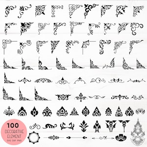 Puede incluir: Un conjunto de 100 elementos decorativos en blanco y negro, que incluyen esquinas, bordes y otros elementos de diseño. Los elementos son de estilo tradicional tailandés. El texto "100 Decorative Element SVG DXF PNG" está en la parte inferior de la imagen.