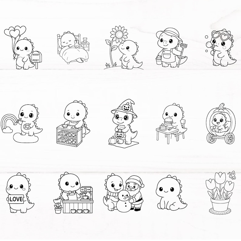 May include: A collection of black and white cartoon dinosaur illustrations. The dinosaurs are depicted in various scenes, including holding balloons, in bed, near a sunflower, and dressed in a witch costume. Other scenes include a dinosaur with a sign that says "LOVE".