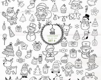 May include: A set of 100 black and white Christmas clip art illustrations. The illustrations include a variety of Christmas themes, such as Santa Claus, reindeer, snowmen, Christmas trees, and ornaments. The illustrations are perfect for use in digital scrapbooking, card making, and other craft projects.