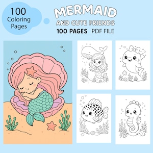 100 pagina&#39;s kinderkleurboekbundel PDF Zeemeermin en zee kleurboek A4 afdrukbare pdf, schattige zeemeerminnendieren, direct downloaden, DIY kleuren