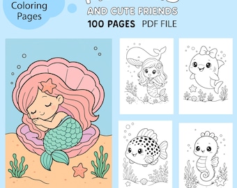 100 Pages Kids Coloring Book Bundle PDF Mermaid&Sea Coloring Book A4 Printable PDF, Cute Mermaids Animals, Instant Download, DIY Coloring