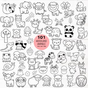 Puede incluir: Un conjunto de 101 dibujos en blanco y negro de animales del bosque. Los animales incluyen un perezoso, un elefante, una llama, una jirafa, una vaca, un panda, un gato, un mapache, una tortuga, una rana, una serpiente, una ardilla, una cebra, un ciervo, una oveja, un mono, un oso, un canguro y un erizo. El texto "101 Woodland Animals SVG DXF PNG" está en un círculo en la parte superior de la imagen.