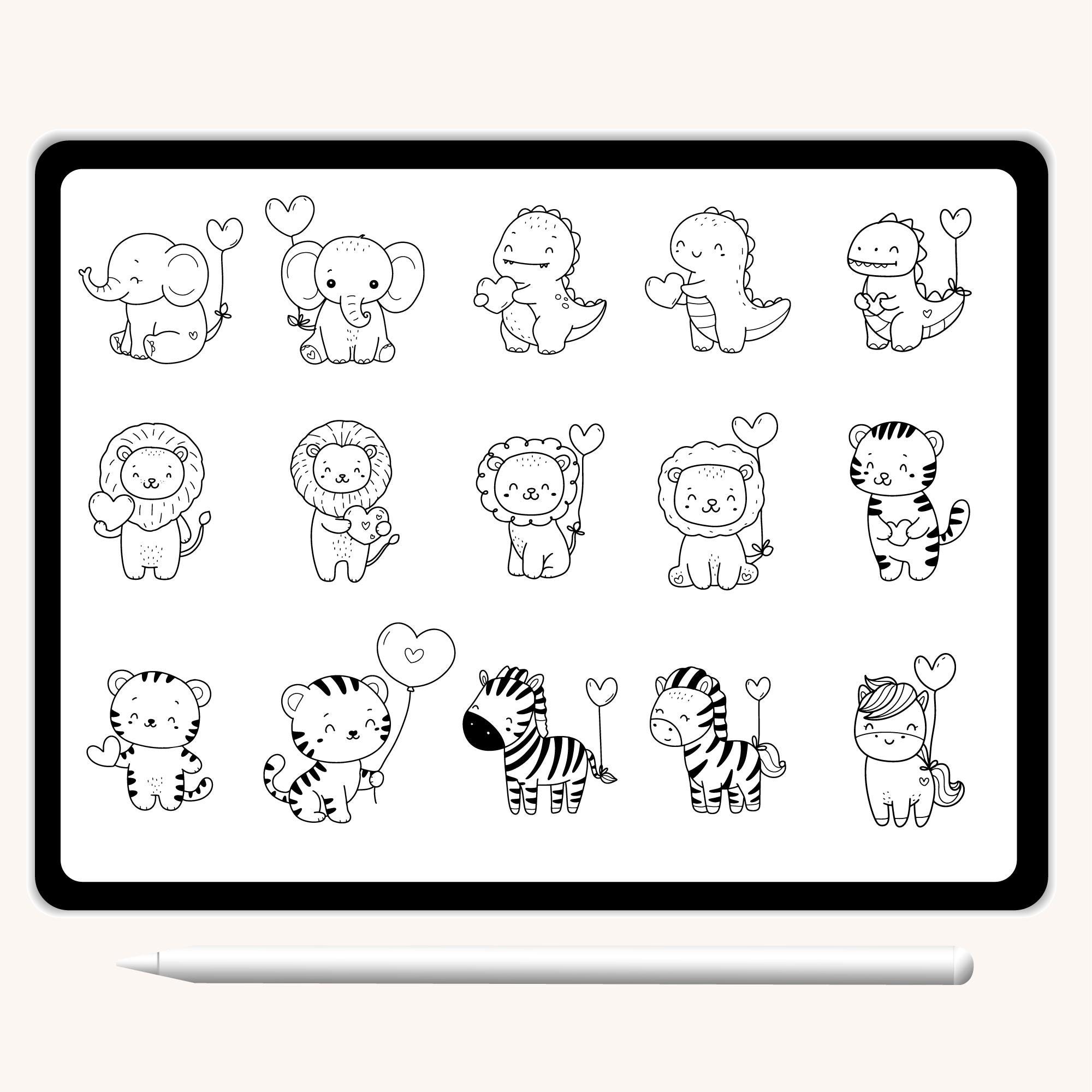 100 Procreate Stamps Animals With Valentine, Cartoon Brushset Wild ...