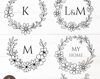 Svg laurel wreaths flower bundle for cut file,circle border wreath svg,monogram svg,flower border svg,silhouette hand drawn style for cricut