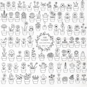 100 SVG Flowers with pots bundle for cut file, flower hand drawn style,dxf,png,eps,ai, for Silhouette,Cameo,cricut