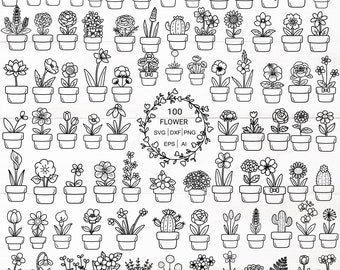 100 SVG Flowers with pots bundle for cut file, flower hand drawn style,dxf,png,eps,ai, for Silhouette,Cameo,cricut