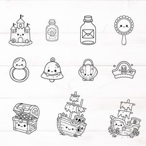 May include: Black and white line art illustrations of various objects with cute faces. Includes a castle, bottles, a hand mirror, a baby rattle, a bell, a seashell purse, a pirate hat, a treasure chest, a ship, and a shipwreck.