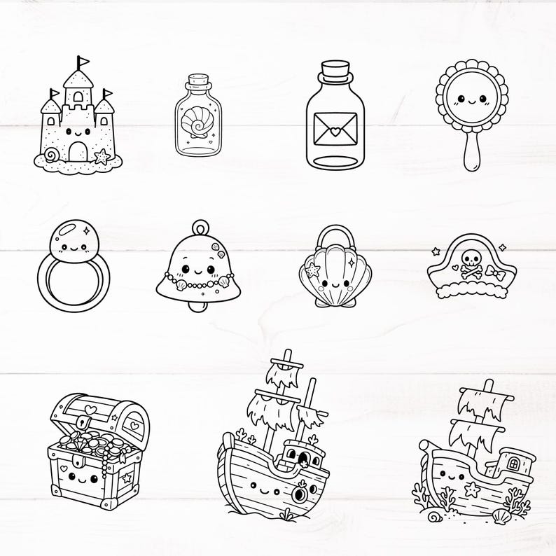 May include: Black and white line art illustrations of various objects with cute faces. Includes a castle, bottles, a hand mirror, a baby rattle, a bell, a seashell purse, a pirate hat, a treasure chest, a ship, and a shipwreck.