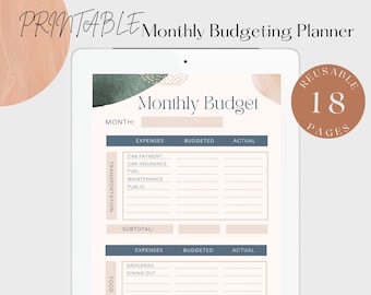 May include: A printable monthly budgeting planner with a peach and green watercolour background. The planner has sections for transportation, food, and other expenses. It includes columns for budgeted and actual amounts. The planner is reusable and has 18 pages.