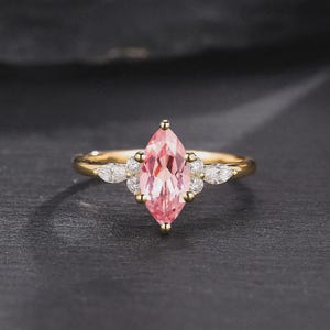 Delicate Marquise Cut Pink Sapphire Wedding Ring Promise Ring for women Vintage 14K Gold Diamond Cluster Engagement Ring Anniversary Ring