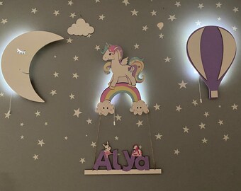 NURSERY WALL LIGHT Unicorn Kids Wall Light, Moon Wall Light, Hot Air Ballon Light/With Gorgeous Silver Wall Decal/Nursery Kids Lighting-Kids