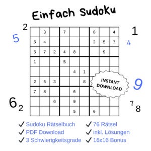 Könnte beinhalten: Ein Sudoku-Gitter mit Zahlen und dem Text "Einfach Sudoku". Enthält den Text "Instant Download" und Häkchen mit deutschem Text. Die Zahlen 1, 2, 4, 5, 6, 7, 8 und 9 sind ebenfalls vorhanden.
