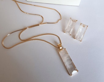 Set Necklace/Earring - Rose quartz crystal, baguette shape