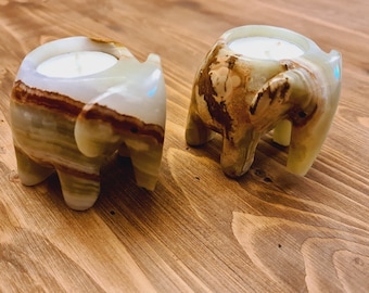 2x Natural Onyx Tea Light Holders - Elephants, Sardonyx, Candle Holders, Father's day gift