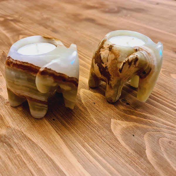 2x Natural Onyx Tea Light Holders - Elephants, Sardonyx, Candle Holders, Father's day gift