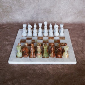 Onyx and White Marble Chess Set - 12in, Handmade Marble Chess Board, Indoor Game, Christmas gift