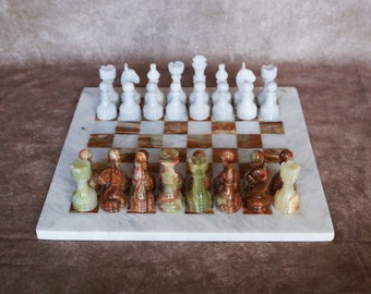 Onyx and White Marble Chess Set - 12in, Handmade Marble Chess Board, Indoor Game, Christmas gift