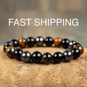 Obsidian Stone Tiger&#39;s Eye Bracelet Meditation, Anxiety and Stress Relief Gift Spiritual Protection Balance, Hematite
