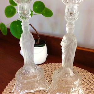 Pair of Vintage French Pressed Glass Religious Candlestick with Frosted Glass Figurine Signed