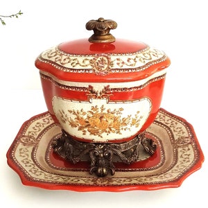 Vintage European Porcelain Cookie Jar with Lid, Mounted on a Bronze Base With Matching Tray