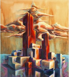 Original Oil Painting, House of cards, Surreal Painting, Surreal Art