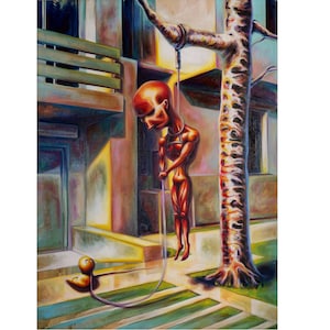 Caminando por la calle Hullam, pintura al óleo original sobre lienzo, pintura surrealista, obra de arte surrealista, surrealismo