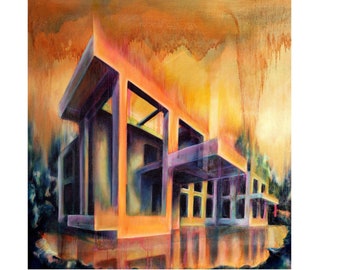 Giclée print of Original Oil Painting, X House, Surreal Painting