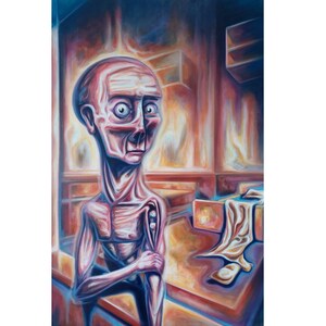 Esguince en la cama, Pintura al óleo original, Hecho a mano, Pintura surrealista, Arte surrealista
