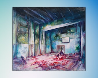 Peinture Tchernobyl Hall, peinture à l'huile sur toile, peinture surréaliste, art surréaliste, peinture à l'huile originale de Kovacs K. David