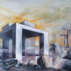 Pintura al óleo surrealista de la Casa del Ahorcado, arte mural original para una decoración única del hogar, obra de arte mística y onírica.