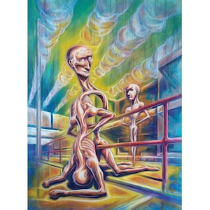 Screw at the train station, Original Oil Painting on Canvas, Hand Made, Surreal Painting, Surreal Art
