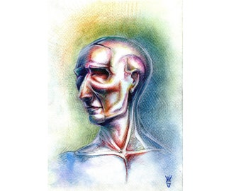 Puede incluir: Un dibujo a lápiz de colores de la cabeza y los hombros de una persona. El dibujo está hecho en tonos de azul, rojo y amarillo. La cara de la persona está girada hacia un lado y sus ojos están cerrados. El dibujo está sobre un fondo blanco.