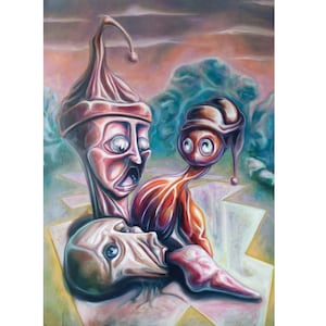 Sorpresa, Pintura al óleo original sobre lienzo, Hecha a mano, Pintura surrealista, Arte surrealista