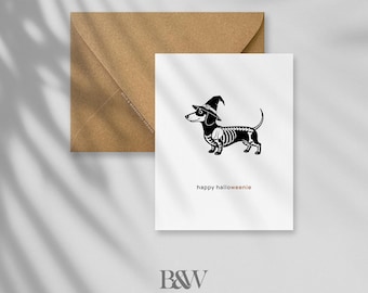 Happy Halloweenie Greeting Card: Funny Halloween, Wiener Dog, Skeleton Dog