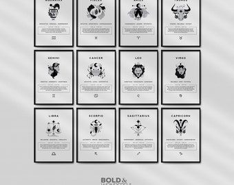 12pc Zodiac Print Set, Zodiac Signs, Printable Gift, Zodiac Art, Digital Print, Zodiac Horoscope print, Astrology, Digital Download